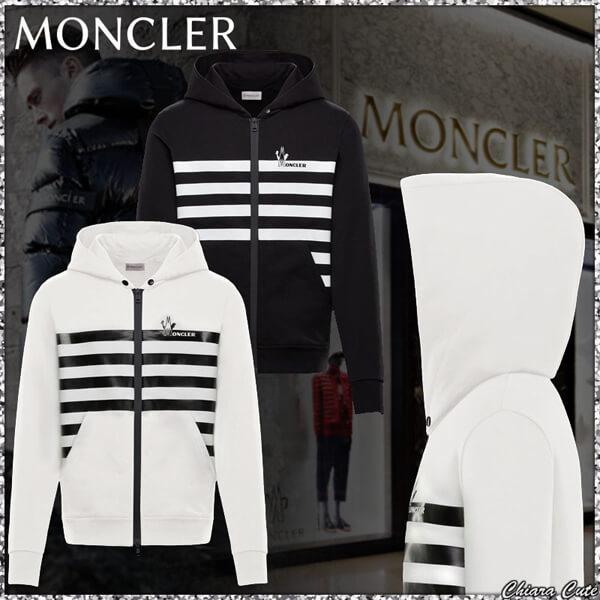 正規品！MONCLER ストライプ柄 フード付きパーカー1度着用 モンクレール 偽物☆M字型ロゴ入ストライプパーカー☆20091601