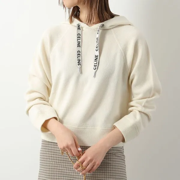 【極美品☆高級】セリーヌ 長袖 パーカー センターロゴ ベージュ カシミヤ L 即納でお届けセリーヌ パーカー 偽物 レディース ニット プルオーバー